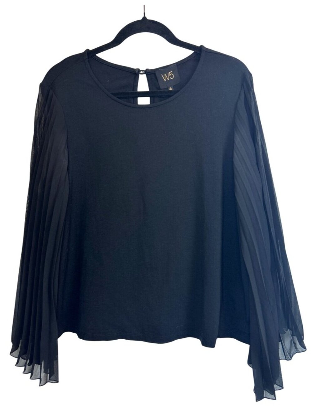W5 Women’s XL Accordian Black Pleated Sheer Bell Flowy Sleeve Elegant Top